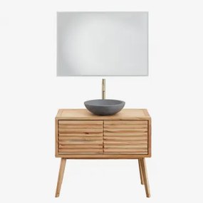 Zestaw Mebli Łazienkowych Z Drewna Deleyna Naturalna & Okrągły Szary Cement Ø40 Cm Tarsis & Prostokątna Lampa Led I - Sklum