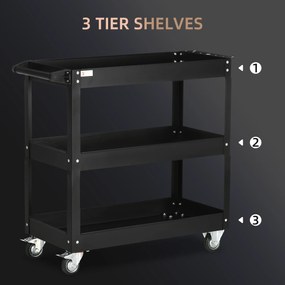 DURHAND Wózek narzędziowy na 3 poziomy, 4 koła, stal, 83Szer x 35,3Gł x 76Wys cm, Czarny