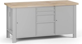 Stół warsztatowy G7, blat bukowy, 1700 x 685 x 840 mm, 2x szafka, 4x szuflada, szary