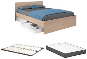 Łóżko z 2 szufladami 160 x 200 cm - Naturalny i biały z połyskiem + Stelaż + Materac - VELONA