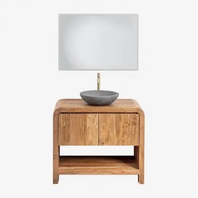 Zestaw Mebli Łazienkowych Z Drewna Vacry Akacja Brąz & Okrągły Szary Cement Ø40 Cm Tarsis & Prostokątna Lampa Led - Sklum