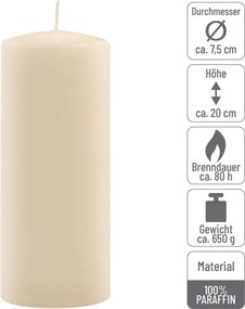 Zestaw świec słupkowych, 20 cm, Ø 7,5 cm, kremowy, 6 sztuk.