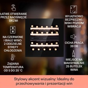 Klarstein Rhone 60cm 25 Butelek Winiarka do Zabudowy 2 Strefy Czarny