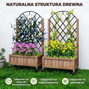 Outsunny Zestaw 2 wysokich grządek Pflanzkasten na kółkach, z kratą do pnączy, skrzynka na kwiaty z drewna, 52*25*97cm Brązowy