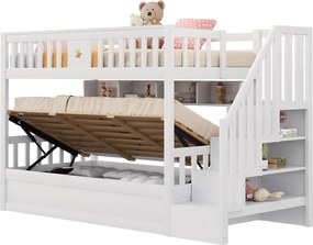 Łóżko piętrowe 90×200 cm - Łóżko z pojemnikiem pod spodem - Z drabinką bezpieczeństwa - Ze skrzynią przechowawczą - białe