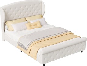 Łóżko saneczkowe 140x200 cm z beżowego aksamitu, pikowany zagłówek z guzikami, klasyczny styl europejski