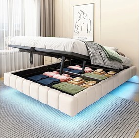 Łóżko ze schowkiem 140x200 cm, len beżowy, łóżko dla dorosłych z oświetleniem LED - bez materaca (bez zagłówka)