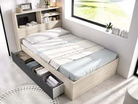Łóżko 120 x 190 cm ze skrzynią  - Kolor: Naturalny i antracytowy + Stelaż + Materac - VARDIEL