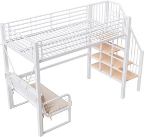 Łóżko piętrowe dla dzieci - 90 x 200 cm - z wyjmowaną sofą + drabinka ze schowkiem - rama metalowa - białe