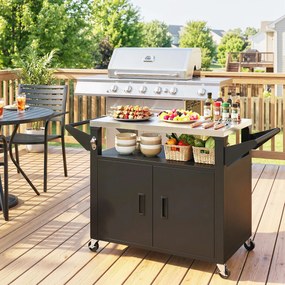 Outsunny Wózek kuchenny na kółkach, serwujący wózek z szafką, uchwytami, stalowa powierzchnia 117 x 55 x 78 cm Czarny | Aosom PL