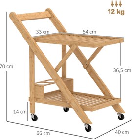 HOMCOM Wózek kuchenny na kółkach, z 3 półkami na wino, 2 tacami, do kuchni, jadalni, drewno bambusowe, jasnobrązowy
