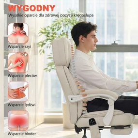 HOMCOM Wysokie krzesło biurowe z masażem wibracyjnym i podgrzewaniem, ergonomiczne, regulowane, z podnóżkiem, kremowobiały | Aosom PL
