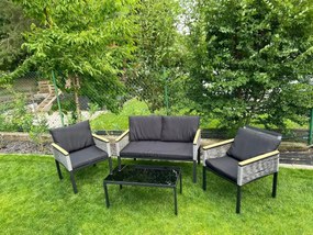 Mały zestaw mebli na balkon (2 x fotel, sofa + stolik) CORTO czarne aluminium, szary technorattan