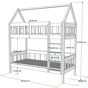 Szare łóżko piętrowe dziecięce domek z 2 materacami - Varcon 3X 180x80 cm
