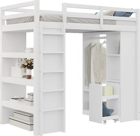 Łóżko antresolowe dziecięce 90×200 cm - z wieszakiem + schowkiem - z 1 mobilnym wózkiem na rzeczy - białe (materac nie jest dołączony)