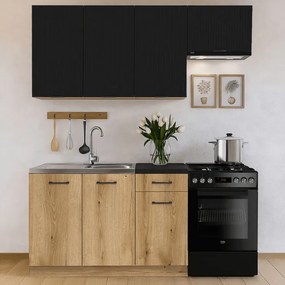 Zestaw Mebli Kuchennych MODERN 170 cm Czarny/Dąb Evoke Ryflowany Loftowy
