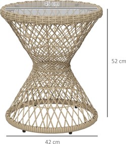 Outsunny Stolik kawowy Stolik boczny w stylu boho, blat ze szkła, polirotan, 45 cm x 45 cm x 52 cm, Naturalny