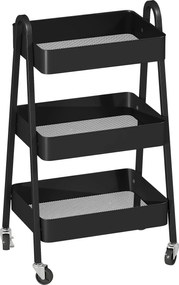HOMCOM Wózek Serwisowy z 3 Poziomami na Kółkach z Uchwytem i Hamulcem dla Kuchni Biura Łazienki, Czarny