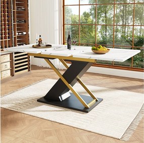 Rozkładany stół jadalny dla 4-6 osób - 120/160 x 80 x 75,4 cm - MDF + skrzyżowane nogi metalowe - Biały + czarny