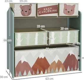 ZONEKIZ Regał Dziecięcy z 6 Szkatułkami z Tkaniny, Uroczy Motyw, 63x30x66 cm, Zielony