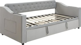 Łóżko wysuwane 90/180x190 cm - Łóżko dla dorosłych z ładowaniem USB i schowkiem - schowek zintegrowany z podłokietnikami - jasnoszary aksamit