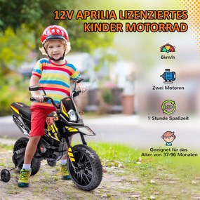AIYAPLAY 12V Motocykl elektryczny dla dzieci z kółkami treningowymi, światłami LED, muzyką, USB, dla chłopców i dziewczynek, Żółty
