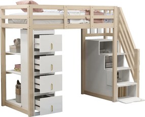 Łóżko piętrowe dla dzieci - 90 x 200 cm - z 4 szufladami + schodki do przechowywania - drewno - naturalne