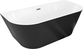Mexen Oris wanna wolnostojąca przyścienna ryflowana 150 x 75 cm, biała/czarna, przelew gun gray szczotkowany - 52871507575-66