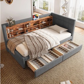 Łóżko pojedyncze 90 x 200 cm - Sofa rozkładana z 2 szufladami i ładowarką USB - dużo miejsca do przechowywania - szara pościel - materac nie jest wliczony w cenę