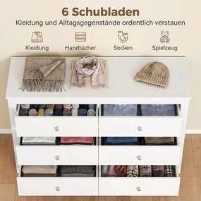 HOMCOM Komoda z 6 szufladami, sideboard z łatwojezdnymi prowadnicami do sypialni, salonu lub przedpokoju, 118 x 39,5 x 75,5 cm, biały | Aosom PL