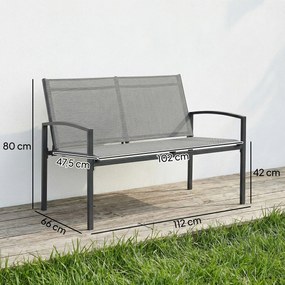Outsunny Ławka ogrodowa 2-osobowa, odporna na warunki atmosferyczne, metalowa, z oddychającym siedziskiem, profilowanymi podłokietnikami, 112 x 66 x 80 cm, szara | Aosom PL