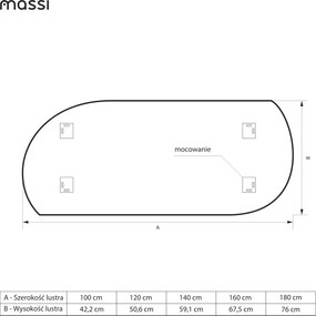 Lustro asymetryczne z podświetleniem MOON Twist LED | Różne rozmiary | Różne kolory : Kolor tafli szkła - Srebrny, Rozmiar - 100 x 42 cm