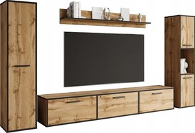 Nowoczesna meblościanka – zestaw wisząco-stojący, szafka RTV 180 cm, 2 słupki, półka, dąb wotan, krawędź czarny mat