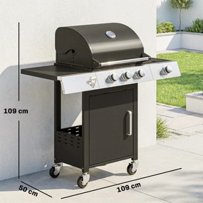 Outsunny Grill gazowy 10,5 kW 3+1 palniki BBQ wózek stal nierdzewna z bocznym palnikiem, otwieraczem do butelek i termometrem | Aosom PL