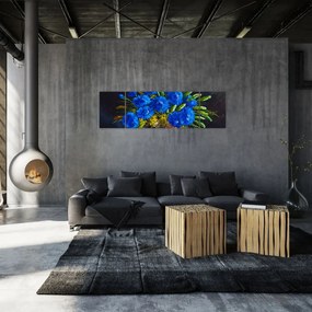 Obraz niebieskich kwiatów w wazonie (170x50 cm)