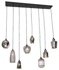 Lampa wisząca w stylu art deco czarna z przydymionym szkłem 8-świateł - Hanne ArtDeco Oswietlenie wewnetrzne