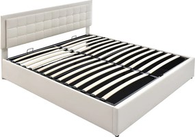 Łóżko ze schowkiem 140 x 200 cm - skóra ekologiczna - diody LED - stelaż z listew - białe