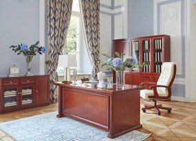 Elegancki fotel gabinetowe Consul tapicerowany skórą naturalną w kolorze brązowym, czarnym lub kremowym. Fotel ma drewnianą ramę i podłokietniki, mechanizm tilt, jest wygodne i solidnie wykonane.