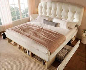 Tapicerowane łóżko podwójne 140x200cm - regulowane wezgłowie - z szufladami i miejscem do przechowywania - welur - Beżowy​ (bez materaca)