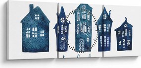 Obraz - Niebieskie domy akwarelowe (z zegarem) (90x30 cm)