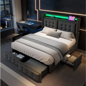 Łóżko 180 x 200 cm z 4 szufladami, oświetleniem LED RGB, portami USB i USB-C, tapicerowanym zagłówkiem z lnu i bawełny - Szare (Materac nie jest wliczony w cenę)