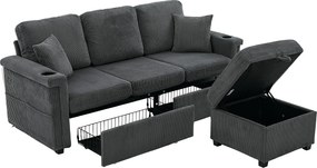 Ciemnoszara sofa 4-osobowa - Sofa narożna z oświetleniem LED i podnóżkiem ze schowkiem - uchwyt na kubek i boczne kieszenie - sztruks