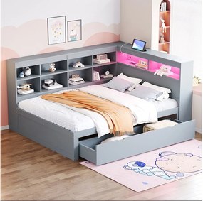 Łóżko drewniane 140 x 200 cm z wezgłowiem - przegródki i 1 duża szuflada - LED-y - sosna + sklejka + MDF - szare