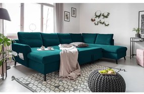 Turkusowa aksamitna rozkładana sofa w kształcie litery "U" Miuform Stylish Stan, prawostronna