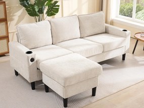 Kanapa 3-osobowa pikowana - z portami USB i Type-C - z dwoma uchwytami na kubki - Narożna sofa rozkładana - Beżowy