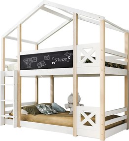 Łóżko piętrowe 90x200 cm - Łóżko dziecięce z drabinką i barierką - Białe drewno - Bez materaca