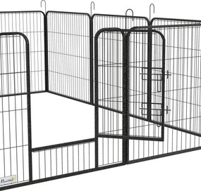 PawHut Wybieg dla Szczeniąt, Zagroda Dla Domowych Zwierząt, 12 Paneli 80x80 cm, 2 Drzwi, Ramy Stalowe, Szary