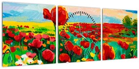 Obraz pola z makami (z zegarem) (90x30 cm)