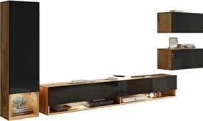 Nowoczesna meblościanka 4-elementowa – wiszący zestaw RTV 180 cm, słupek i 2 szafki, korpus wotan, fronty czarny połysk