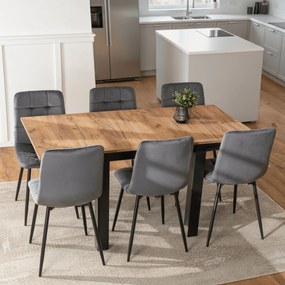 Zestaw Stół Kwadratowy Rozkładany MAX 80-160 cm Dąb Craft/Czarny i 6 Krzeseł PERU Szarych Welurowych